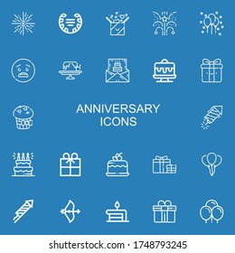 Editable 22 anniversary icons for web and mobile. Set of anniversary included icons line Firework, Laurel, Gift, Fireworks, Balloon, Surprised, Cake, Birthday invitation on blue background