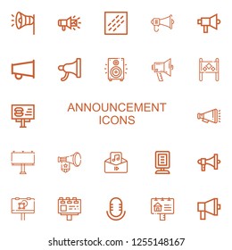 Editable 22 announcement icons for web and mobile. Set of announcement included icons line Megaphone, Noise, Loudspeaker, Placard, Billboard, Audio, Announcer on white background