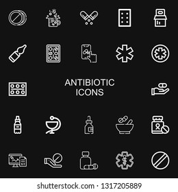 Editable 22 antibiotic icons for web and mobile. Set of antibiotic included icons line Pills, Drugs, Pill, Vials, Pharmacy, Medicine, Medicines on black background