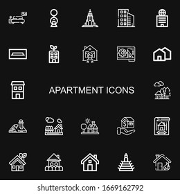 Editable 22 Apartment Icons For Web And Mobile. Set Of Apartment Included Icons Line Bedroom, Building, Empire State, Buildings, Tv Table, House, Blueprint On Black Background