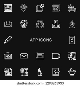 Editable 22 app icons for web and mobile. Set of app included icons line Speed, Placeholder, Foreign, Wireframe, Delivery, Red carpet, Earth, Conversation on black background