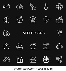 Editable 22 apple icons for web and mobile. Set of apple included icons line Apple, Kiwi, Gardener, Pear, Vegan food, Scarecrow, Gardening, Pie, Fitness, Lesson on black background