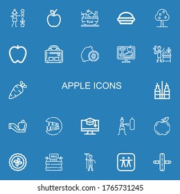Editable 22 apple icons for web and mobile. Set of apple included icons line Gardener, Apple, Fruit, Pie, Fruit tree, Gym, Kiwi, Lifestyle, Vegetables, Vinegar on blue background