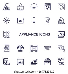 Editable 22 appliance icons for web and mobile. Set of appliance included icons line Vacuum, Clips, Bucket, Washing machine, Hob, Balance, Fridge, Water dispenser on white background