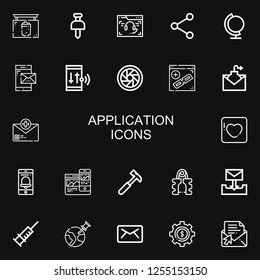 Editable 22 application icons for web and mobile. Set of application included icons line Pub, Pushpin, Browser, Share, Globe, Smartphone, Shutter, Email, Badoo on black background