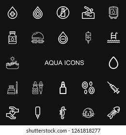 Editable 22 aqua icons for web and mobile. Set of aqua included icons line Blood, Drop, No liquids, Swimming, Drops, Swim, Blood drop, Ink, Water dispenser on black background