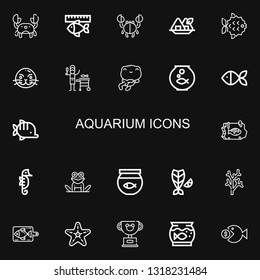 Editable 22 aquarium icons for web and mobile. Set of aquarium included icons line Crab, Fish, Seaweed, Sea lion, Frog, Fishbowl, Seahorse, Fish bowl, Coral on black background
