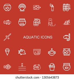 Editable 22 aquatic icons for web and mobile. Set of aquatic included icons line Fish bowl, Shell, Fish, Oxygen, Oxygen tank, Clown fish, Fishbowl, Whale, Diving on red background