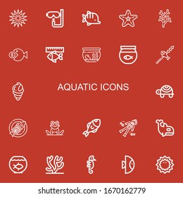 Editable 22 aquatic icons for web and mobile. Set of aquatic included icons line Sea urchin, Dive, Fish, Starfish, Coral, Fishbowl, Fish bowl, Seashell, Turtle on red background