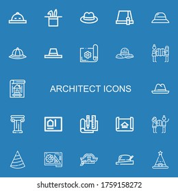 Editable 22 iconos de arquitectos para web y móvil. Conjunto de arquitectos incluidos iconos línea Hat, Planning, Blueprint, Architecture, Plan, House plan sobre fondo azul