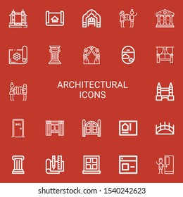 Editable 22 architectural icons for web and mobile. Set of architectural included icons line Tower bridge, House plan, Arch, Planning, Courthouse, Column, Window on red background
