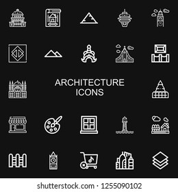 Editable 22 architecture icons for web and mobile. Set of architecture included icons line Capitol, Blueprint, Pyramid, Space needle, Croatia, Sao paulo, Thailand on black background