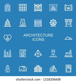 Editable 22 architecture icons for web and mobile. Set of architecture included icons line Hotel, Roof, Fence, Gate, House plan, Pagoda, Skyscraper, Hagia sophia on blue background