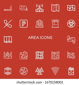 Editable 22 area icons for web and mobile. Set of area included icons line Cigarette, Map, Signal, No calls, Parking, Biohazard, Layers, No sitting, Wifi signal on red background