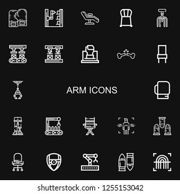 Editable 22 Arm Icons For Web And Mobile. Set Of Arm Included Icons Line Boxing Gloves, Robot Arm, Chair, Fist, Broken Bone, Industrial Robot, Robotics, Body On Black Background