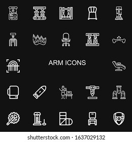 Editable 22 arm icons for web and mobile. Set of arm included icons line Claw machine, Robot arm, Chair, Robotics, Knuckle, Broken bone, Fingerprint, Boxing gloves on black background