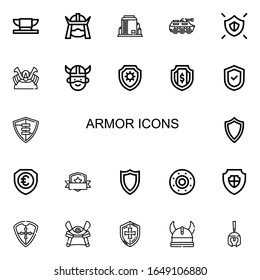 Editable 22 armor icons for web and mobile. Set of armor included icons line Anvil, Samurai, Tank, Shield, Shogun, Viking, Roman helmet on white background