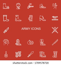 Bearbeitbar 22 Armeesymbole für Web und Mobile. HearSet inbegriffen Symbole der Linie Boot, Military, Pistol, Terror, Stiefel, Frappe, Katana, Knife, Lance, Schweizer Armee-Messer auf rotem Hintergrund