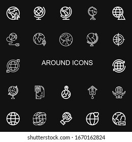 Editable 22 around icons for web and mobile. Set of around included icons line Planet earth, Earth globe, Earth, Globe, Worldwide, World, Memorize, Cuckoo clock on black background