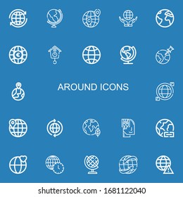 Editable 22 alrededor de iconos para la web y el móvil. Conjunto de iconos incluidos línea Mundo, Globo, Mundo, Tierra, reloj Cuco, Tierra globo, Planeta Tierra, Memorizar sobre fondo azul