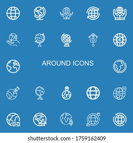 Editable 22 around icons for web and mobile. Set of around included icons line Globe, Earth, World, Earth globe, Cuckoo clock, Worldwide, Planet earth on blue background