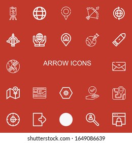 Editable 22 arrow icons for web and mobile. Set of arrow included icons line Wedding sign, World, Location, Archery, Crossbow, Bullet, Gps, Envelope, Street map on red background