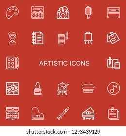 Editable 22 artistic icons for web and mobile. Set of artistic included icons line Color palette, Watercolor, Cave, Brush, Piano, Artist, Notes, Canvas, Note on red background