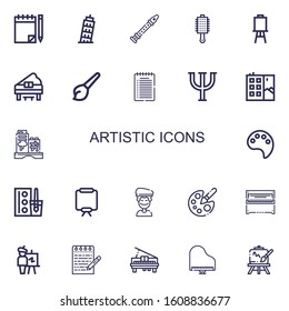 Editable 22 artistic icons for web and mobile. Set of artistic included icons line Note, Pisa, Flute, Brush, Canvas, Piano, Art, Psi, Graffiti, Paint palette on white background