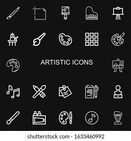 Editable 22 artistic icons for web and mobile. Set of artistic included icons line Brush, Art, Paint brush, Piano, Canvas, Easel, Palette, Color palette, Music notes on black background