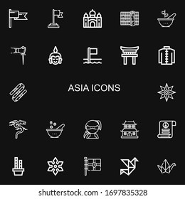 Bearbeitbar 22 asiatische Icons für Web und Mobile. Satz von asia enthaltenen Symbolen Zeile Flagge, Taj Mahal, Sushi, Bowl, Sai, Buddha, Flaggen, Torii, Kimono, Nunchaku, Shuriken auf schwarzem Hintergrund