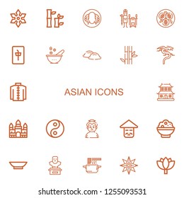 Editable 22 asian icons for web and mobile. Set of asian included icons line Shuriken, Bamboo, Peking duck, Tandoor, Tofu, Mahjong, Bowl, Dumpling, Dragon on white background