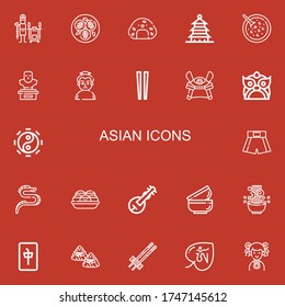 Editable 22 asian icons for web and mobile. Set of asian included icons line Tandoor, Tofu, Onigiri, Pagoda, Red bean soup, Bust, Sumo, Chopsticks, Samurai, Dragon on red background