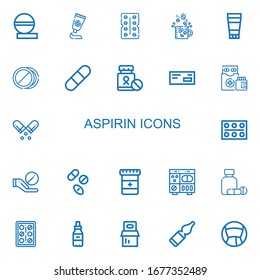 Editable 22 aspirin icons for web and mobile. Set of aspirin included icons line Pills, Medicine, Antibiotic, Drugs, Ointment, Pill, Medicines, Vials on white background