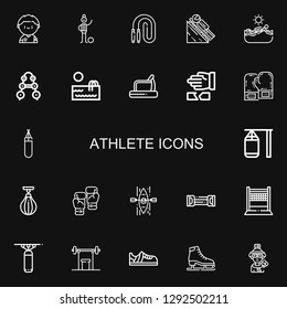 Editable 22 athlete icons for web and mobile. Set of athlete included icons line Soccer player, Football player, Jumping rope, Luge, Swimming, Barbell, Swimming pool on black background