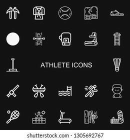 Editable 22 athlete icons for web and mobile. Set of athlete included icons line Kusarigama, Judo, Baseball, Boxing gloves, Sneaker, Swimming pool, Kayak, Treadmill on black background