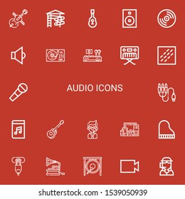 Editable 22 audio icons for web and mobile. Set of audio included icons line Cello, Slider, Guitar, Speaker, Vinyl, Turntable, Control, Piano, Noise, Microphone on red background
