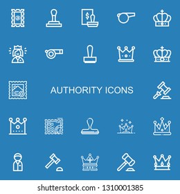 Editable 22 authority icons for web and mobile. Set of authority included icons line Stamp, Whistle, Crown, Queen, Auction, Policeman, Auction hammer on blue background