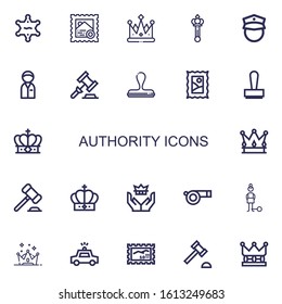 Editable 22 authority icons for web and mobile. Set of authority included icons line Sheriff, Stamp, Crown, Scepter, Policeman, Auction, Whistle, Guilt, Police car on white background