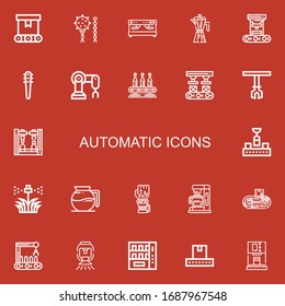 Editable 22 automatic icons for web and mobile. Set of automatic included icons line Conveyor, Weapon, Coffee machine, Coffee maker, Robot arm, Weapons, Robotic arm on red background