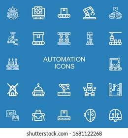 Editable 22 automation icons for web and mobile. Set of automation included icons line Robot, Artificial intelligence, Conveyor, Neural, Robot arm, Robotics on blue background