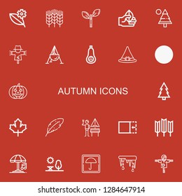 Editable 22 autumn icons for web and mobile. Set of autumn included icons line Leaf, Wheat, Pine, Scarecrow, Cauldron, Butternut squash, Witch hat, Pumpkin, Forest on red background