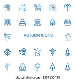 Editable 22 autumn icons for web and mobile. Set of autumn included icons line Haunted house, Park, German, Rain, Umbrella, Wheat, Candy corn, Leaf, Harvest on white background