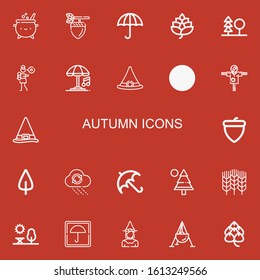 Editable 22 autumn icons for web and mobile. Set of autumn included icons line Cauldron, Acorn, Wet protect, Hop, Forest, Lullaby, Umbrella, Witch hat, Leaf on red background