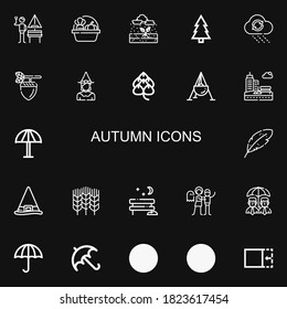 Editable 22 autumn icons for web and mobile. Set of autumn included icons line German, Harvest, Rain, Forest, Acorn, Witch, Hop, Cauldron, Park, Umbrella, Leaf on black background