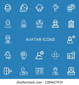 Editable 22 avatar icons for web and mobile. Set of avatar included icons line Man, Woman, Avatar, Troll, Bust, Beard, Zookeeper, Portrait, Add user, Maid, Head on blue background