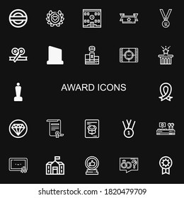 Editable 22 award icons for web and mobile. Set of award included icons line Guarantee, Laurel, School, Ribbon, Medals, Trophy, Podium, Movie, Star, Oscar on black background