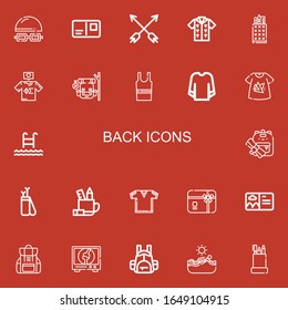 Editable 22 iconos de fondo para web y móvil. Conjunto de iconos incluidos en la parte trasera línea Natación, tarjeta postal, flechas, camiseta, estuche de lápiz, mochila, pantalones sin mangas, sudadera sobre fondo rojo