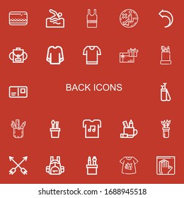 Editable 22 back icons for web and mobile. Set of back included icons line Pencil case, Swimming, Sleeveless shirt, No sitting, Return, Backpack, Sweatshirt on red background