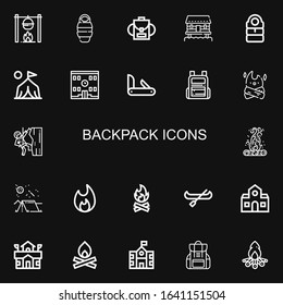 Editable 22 backpack icons for web and mobile. Set of backpack included icons line Bonfire, Sleeping bag, Backpack, Cabin, Camp, School, Penknife, Climbing on black background