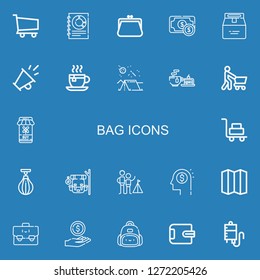 Editable 22 bag icons for web and mobile. Set of bag included icons line Shopping cart, Business, Purse, Money, Package, Promotion, Tea cup, Camping, Tea, Shopping on blue background